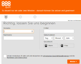 Das Formular zur Registrierung bei 888sport